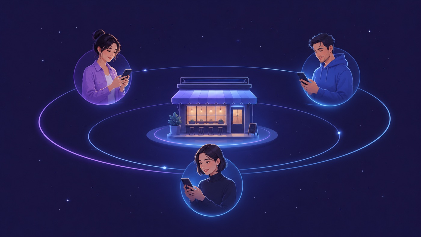 Illustration of three customers on their phones connected in an orbit around a small glowing shop